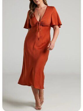 Nicholla Midi Dress - Ruched Front Angel Sleeve Slip Dress in Copper - Sz 2